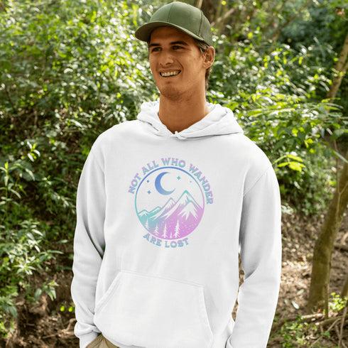 This hoodie features a colorful mountain graphic that will make you feel like you're already on the trail, and the saying "Not All Who Wander Are Lost"